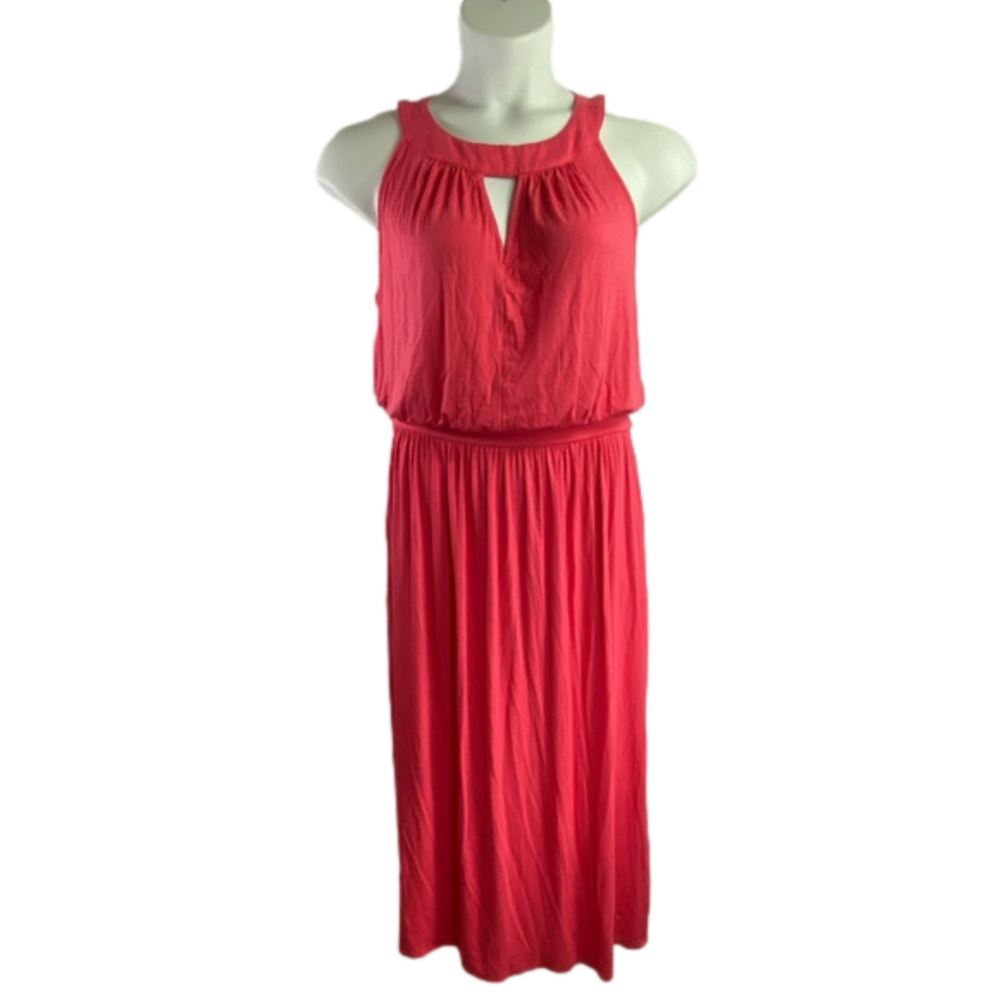 Ashley Stewart Geranium Pink Jewel Neckline with Keyhole MIDI Dress SKU0206